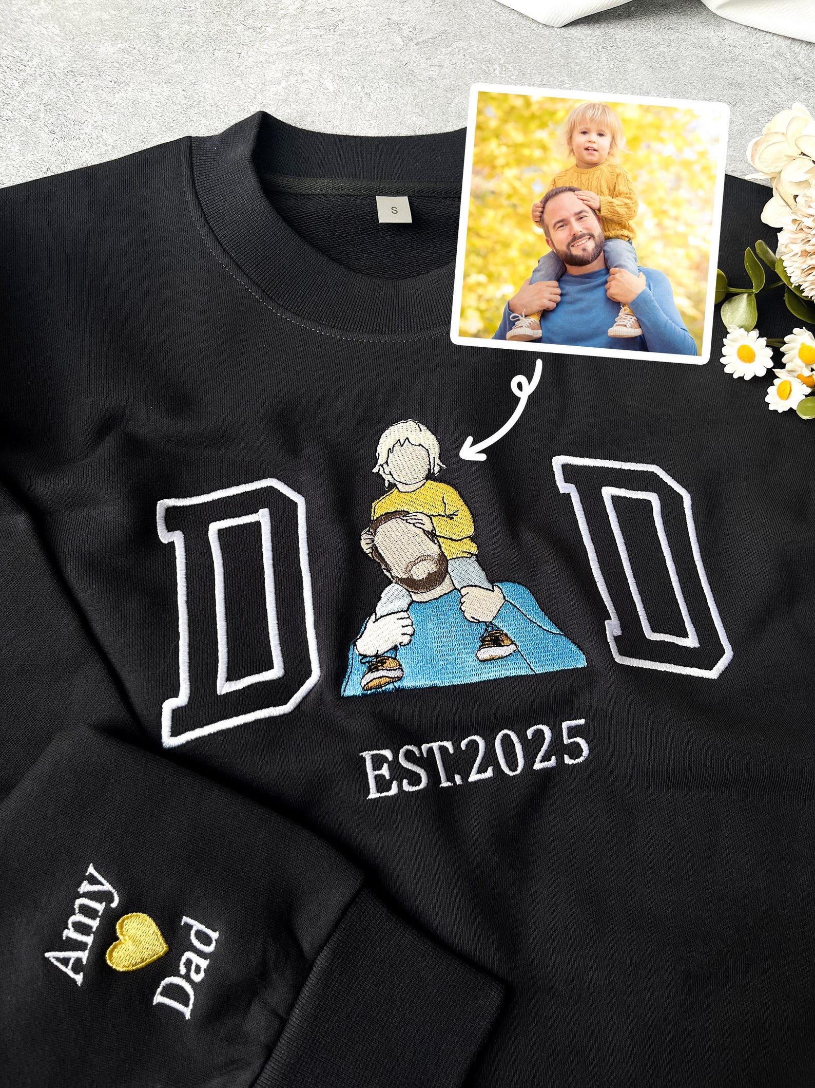 Embroidered Dad — Mom Sweatshirt with photo, Personalized Gift, Custom Dad EST Birthday Party Hoodie