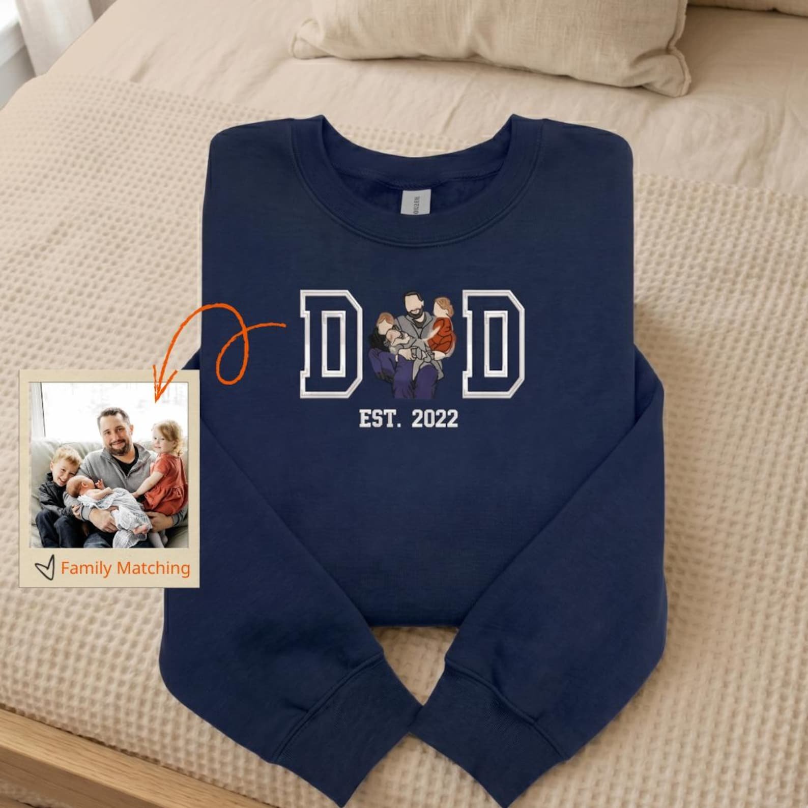 Custom Embroidered Father Day Sweatshirt with Papa Portrait, Personalized Mom Crewneck with Kid Name