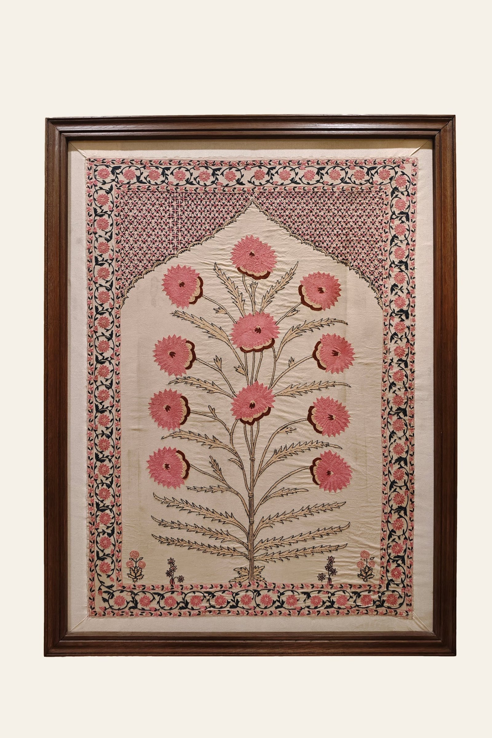 Mughal Floral Tapestry with Hand-Embroidered Silk Thread Work